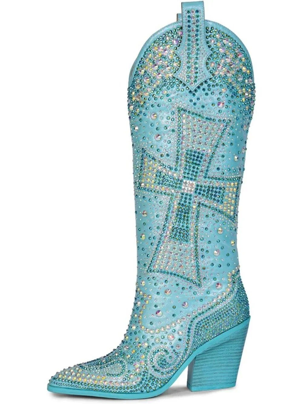 Women's Blue Crystal Cross Embellished Pointed Toe Sparkly Western Cowgirl Boots